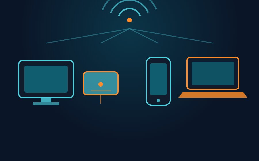 Dispositivos compatíveis com IPTV: TV, TV Box, celular e laptop Ilustração de múltiplos dispositivos compatíveis com IPTV: TV, TV Box, celular e laptop